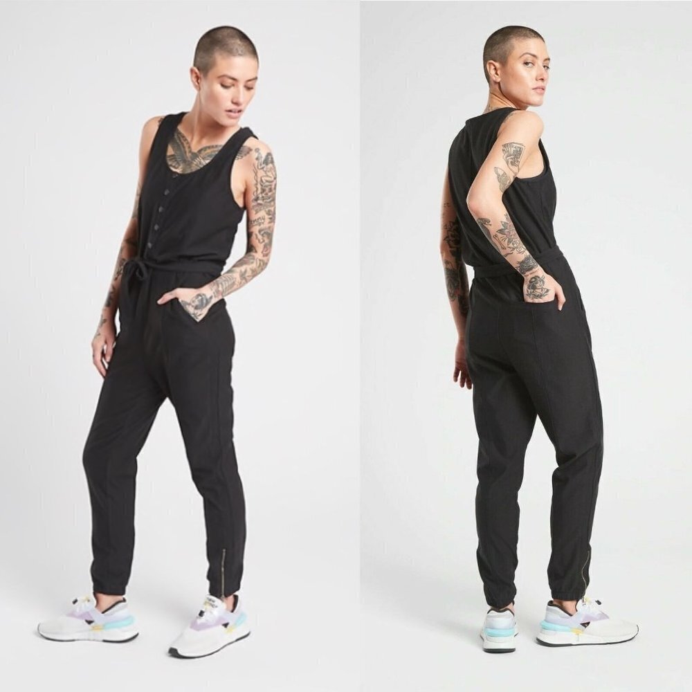 Athleta Black Farallon Jumpsuit Sleeveless Button Front Jogger Womens 2
